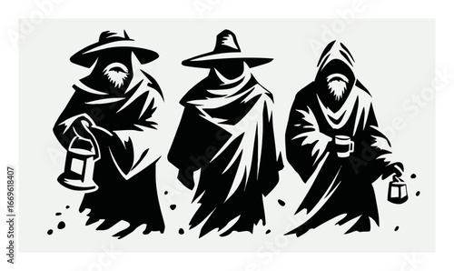 Mysterious Figures in Cloaks Carrying Lanterns and Cups at Night
