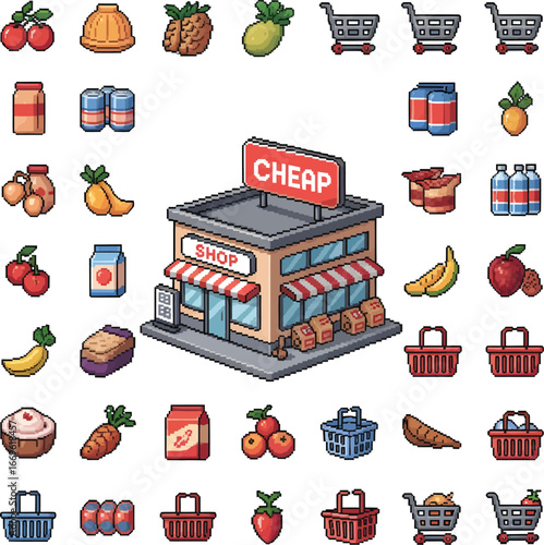 Retro pixel art supermarket scene with fresh produce, baskets, and grocery items for game assets and design