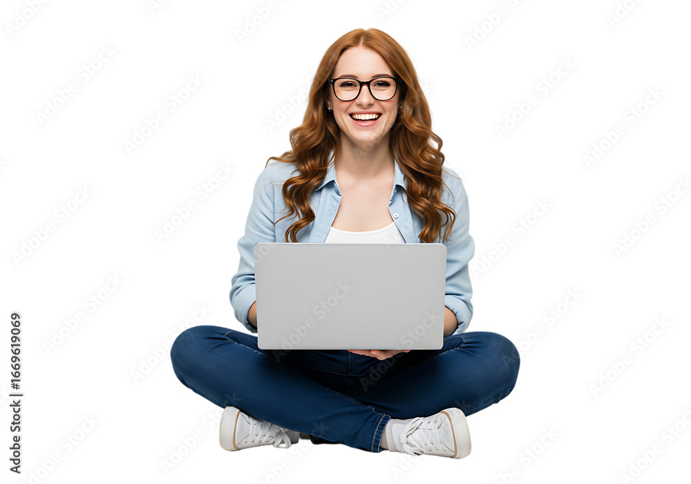 Naklejka premium Smiling young woman with red hair working on a laptop isolated on transparent background