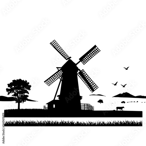 Silhouette of a windmill with tree cow and birds in a rural scene art