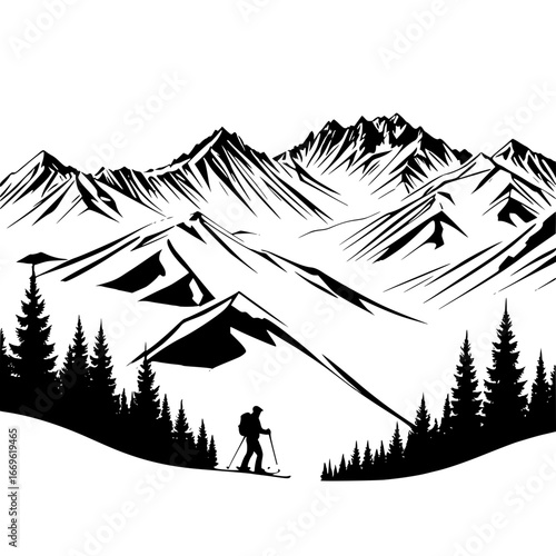 Silhouette of skier in mountain landscape with trees and snowy peaks