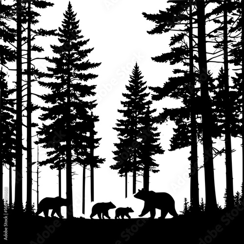 Silhouette of a bear family walking through a dense forest scene art