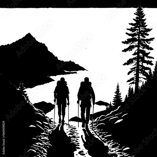 Two hikers silhouetted on a mountain trail with lake and trees view