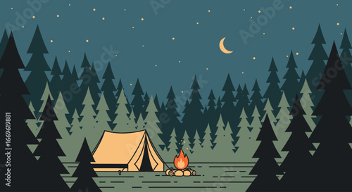 Under a starlit, crescent moon, a warm campfire glows beside a cozy tent, nestled among a dense pine forest. Vector Illustration