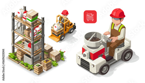 3D Cartoon Warehouse with Lift and Worker on Mini Tractor Vehicle