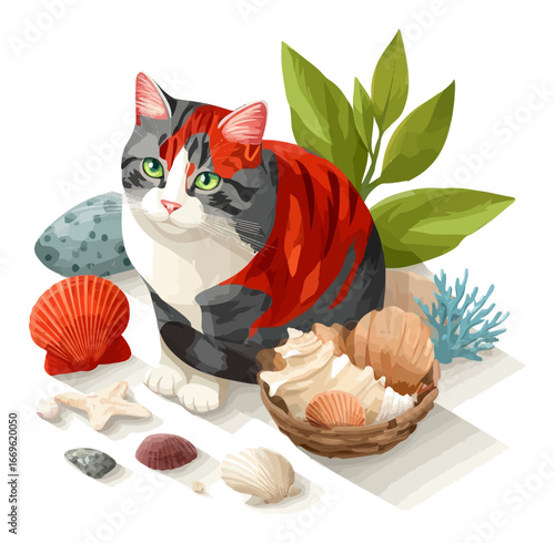 Colorful 3D Cartoon Cat Surrounded by Shells and Plants