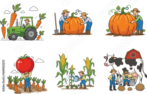 Friendly farmer working with tractor, harvesting vegetables, growing pumpkins, tomatoes, corn, and taking care of animals, perfect for agriculture and rural lifestyle designs