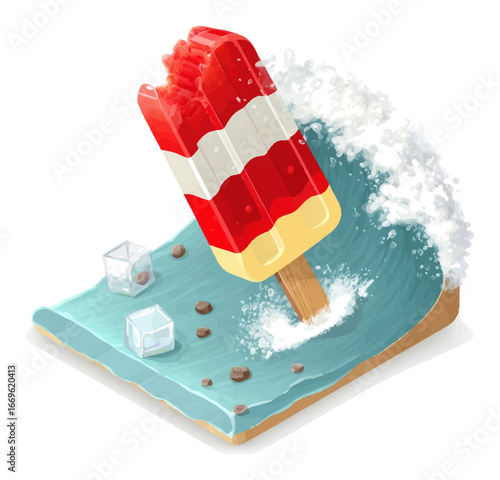 Colorful 3D Cartoon Ice Cream on Wave with Splash and Summer Vibe