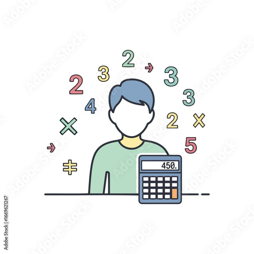 Boy solving math problems using a calculator, numbers and symbols surround him.