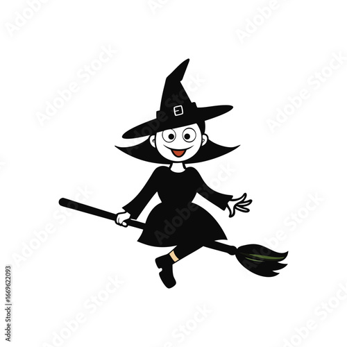 Cartoon witch flying on broomstick halloween character design for festive celebrations