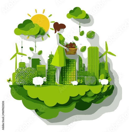 Woman in Green Dress Collecting Fresh Produce in Eco-Friendly Cityscape