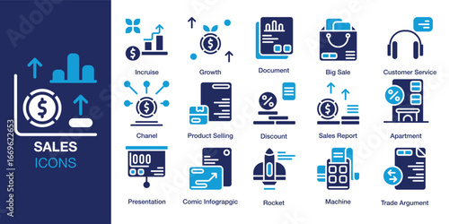 Sales icon set. Containing marketing, sale, label, price, strategy, and more. Solid vector icons collection. Vector illustration.