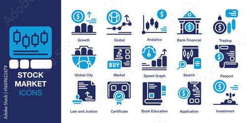 Stock Market icon set. Containing finance, business, growth, investment, and more. Solid vector icons collection. Vector illustration.