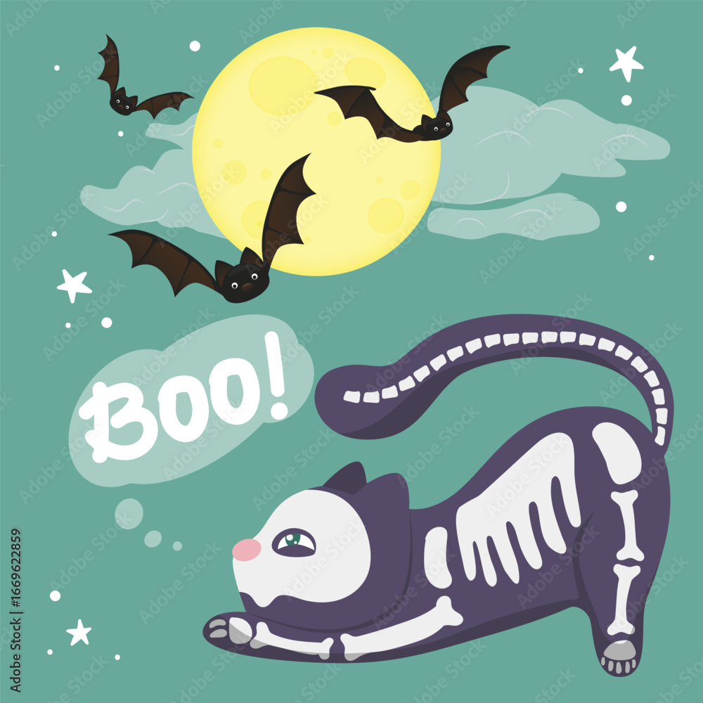 Naklejka premium Halloween-themed vector illustration featuring a skeleton cat stretching beneath the moon. Three bats fly against a cloudy sky, with Boo adding a festive touch to the spooky scene.