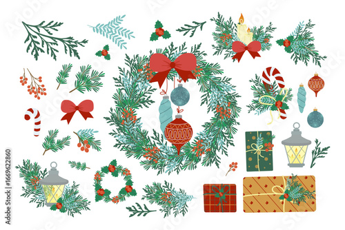 Decorative vector illustration featuring a Christmas wreath and an array of festive elements such as ornaments, candles, candy canes, and gifts, perfect for holiday-themed designs.