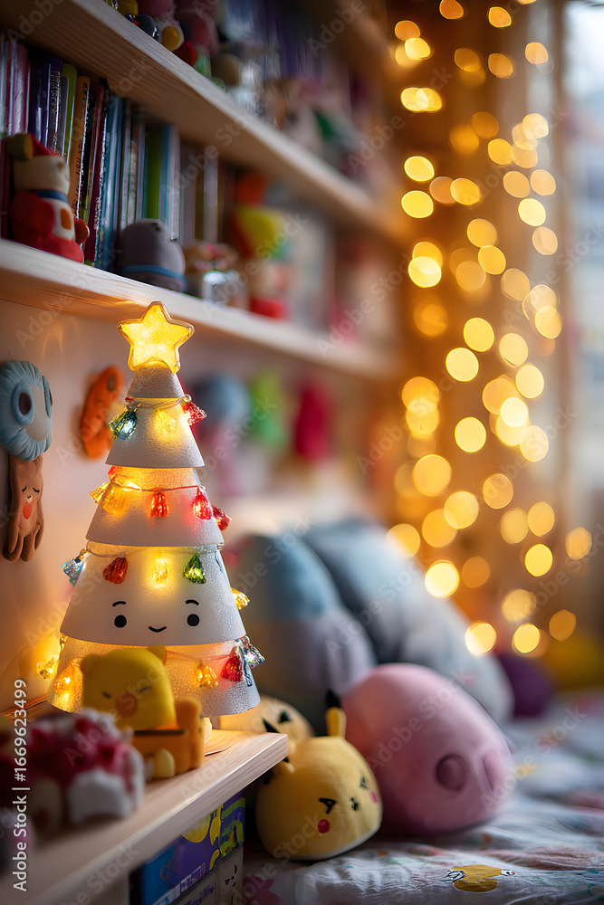 Fototapeta premium A charming children's room featuring a glowing toy tree, colorful plush friends, and warm twinkling lights, evoking joy and warmth.