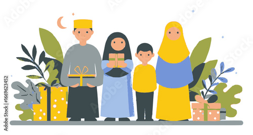 Flat Cartoon Style Family Holding Gifts in Nature Background Illustration