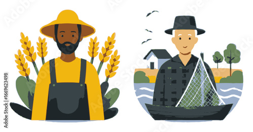 Cartoon Characters of Farmer and Fisherman in Flat Design Style