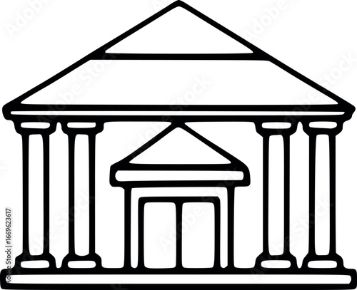 A minimalist line drawing of a classical building facade with columns, a triangular pediment, and a central doorway.