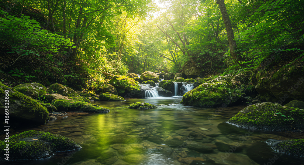 Obraz premium Clear stream flowing through lush green forest
