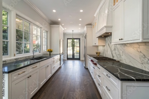 Luxurious modern galley kitchen with white cabinets marble countertops and a dark hardwood floor leading to a doorway