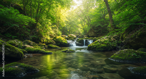 Clear stream flowing through lush green forest