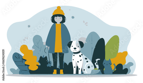 Whimsical Flat Cartoon Illustration of a Person with Pets in Nature