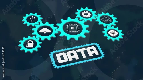 Data concept with gears and icons representing artificial intelligence, big data, machine learning, digital technology, and information processing