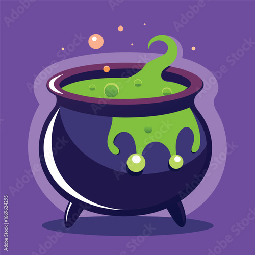 Whimsical halloween witch cauldron bubbling green potion with magical spells and glowing bubbles
