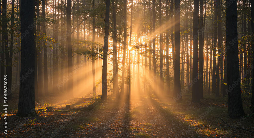 Fototapeta premium Forest light rays through trees nature scene