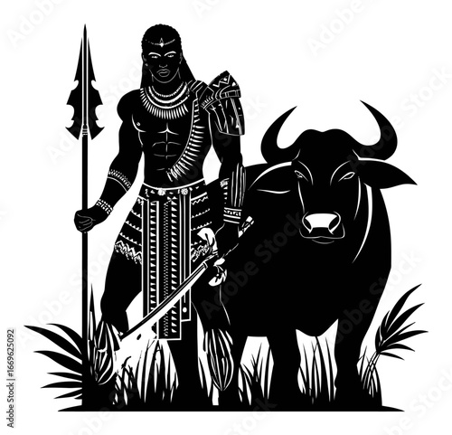 Warrior with Spear and Bull in Hand-Drawn Black Silhouette Art