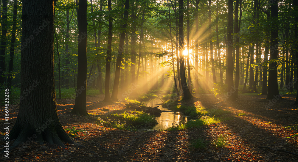 Fototapeta premium Forest sunlight stream trees nature