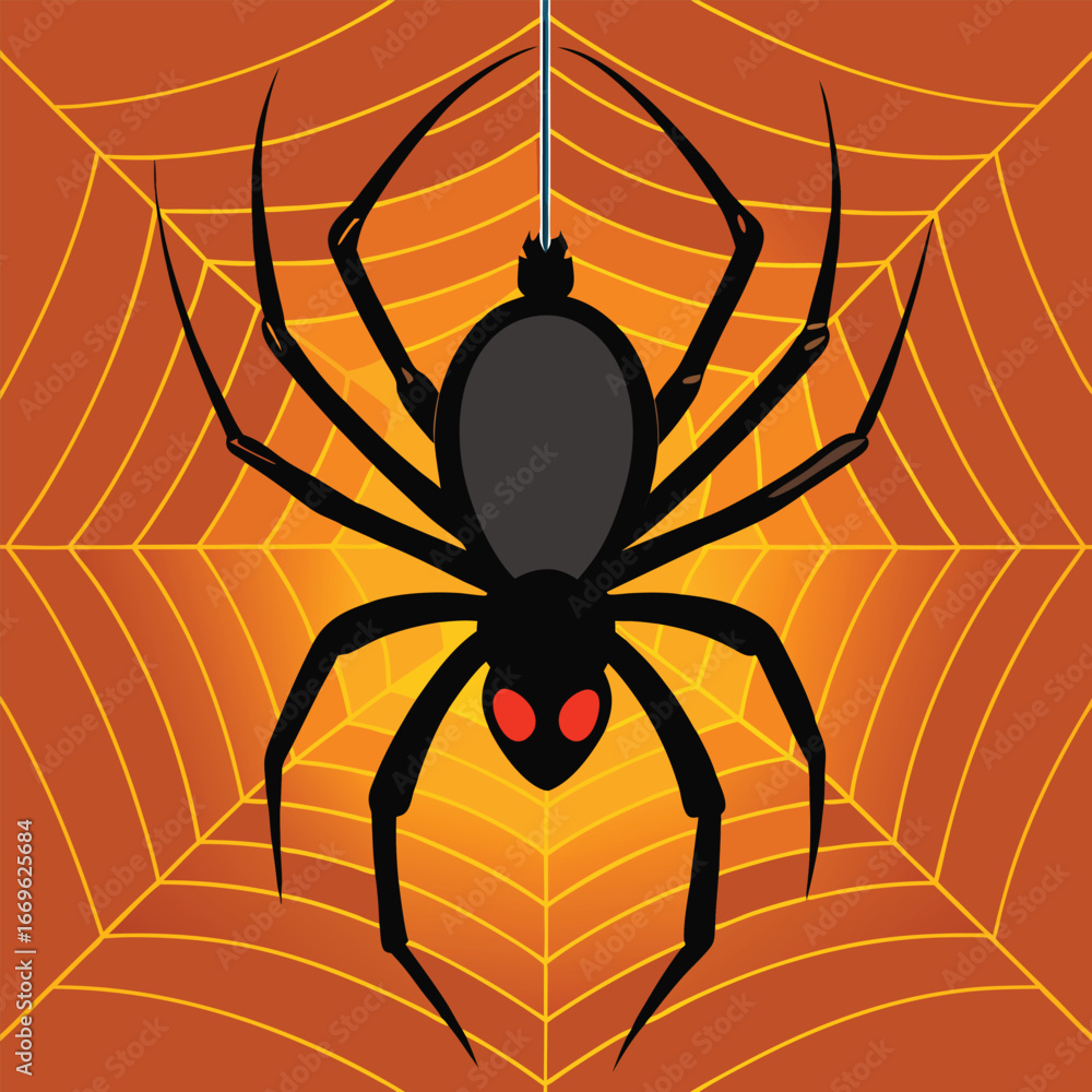 Obraz premium Creepy black widow spider suspended in its eerie orange web ready for halloween