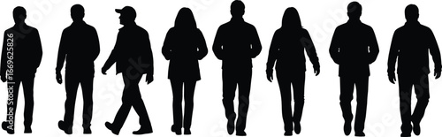 Silhouette group of diverse people walking in casual and formal attire, various postures and styles, rear and side view illustration