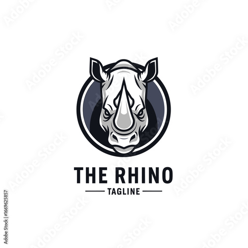 A stylized rhino head logo with a circular frame, featuring a bold design and a tagline beneath the animal's name.