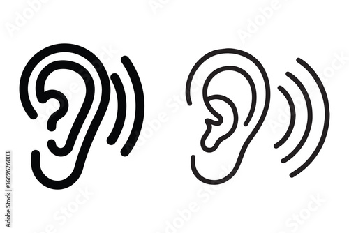 Minimalist black line art illustration of human ear with radiating sound wave set vector.eps