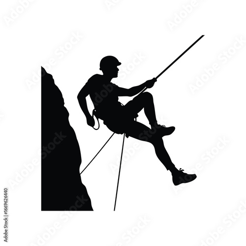 Silhouette of a climber rappelling down a rock face with a rope, climber rappelling down cliff illustration silhouette