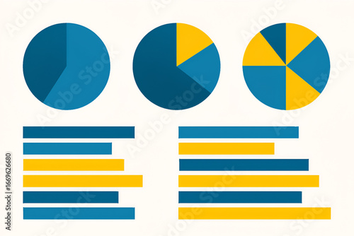 Collection of Blue and Yellow Graphs with Pie Charts and Horizontal Bar Charts