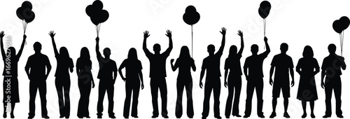 Silhouette of diverse people celebrating with balloons, unity and joy concept, black and white vector illustration for festive gatherings