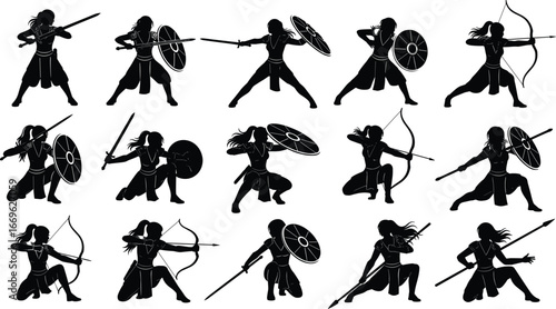 Female warrior silhouette set in dynamic combat poses with swords, bows, spears, shields for fantasy, battle, martial arts themes