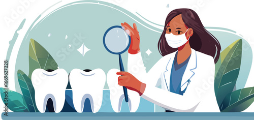 Dental care vector promoting health education with friendly dentist illustration
Dentist in white coat examining teeth in vector for school health programs
