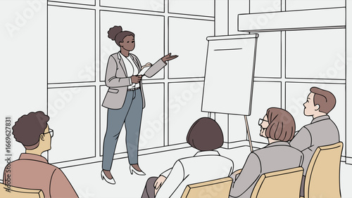 Businesswoman Giving Presentation to Attendees in Meeting Room.