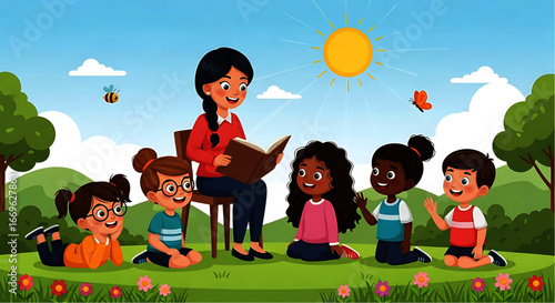 Diverse Children Listening to a Teacher Reading Outdoors