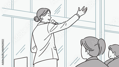 Businesswoman Presenting with Microphone at Meeting.