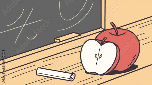 Cartoon Apple on a Desk with Chalkboard Background.