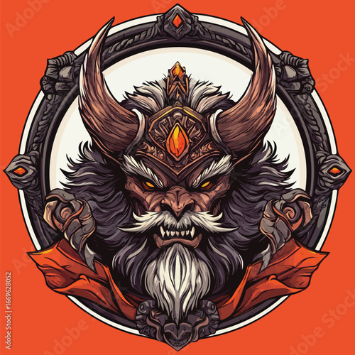  Fierce Red Horned Demon Head Illustration | Aggressive Fantasy Warrior Vector Art