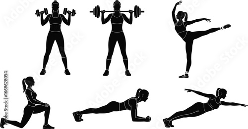 Black silhouette vector set of woman doing fitness, dance, yoga, swimming, strength training, plank, and lunge workout poses