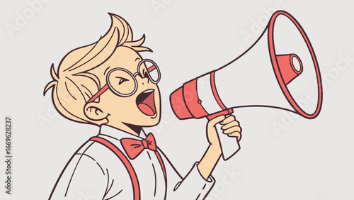 Cartoon Boy Shouting into a Megaphone with Red Accents.