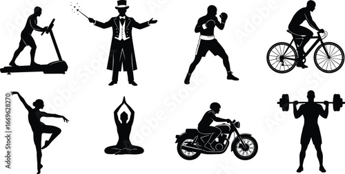 Black silhouette vector set of people doing sports, fitness, dance, meditation, magic, and performance activities in stylized poses