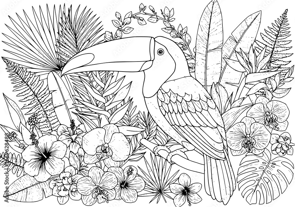 Obraz premium Exotic toucan silhouette amidst lush tropical foliage and vibrant floral blooms, a stunning jungle scene